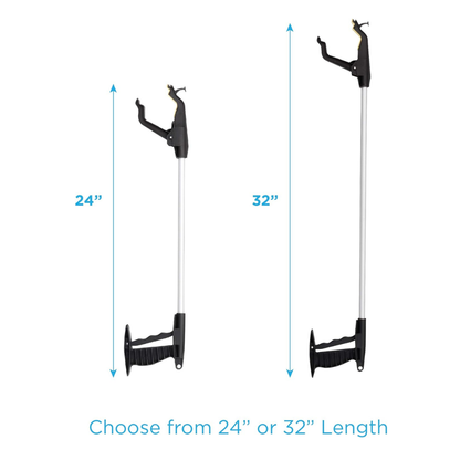Two Nova Medical Dragon Reachers are shown upright, one 24" and one 32", each with an ergonomic design. Blue arrows indicate lengths. Caption: Choose from 24” or 32” Length. Pack of 2 included.