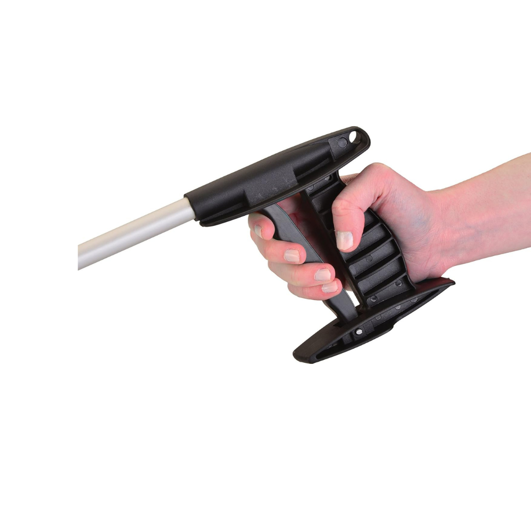 A hand grips the black handle of a Nova Medical Dragon Reachers grabber with a silver shaft and 360° rotating gripper, shown against a white background. This image displays the Pack of 2 ergonomic reachers.