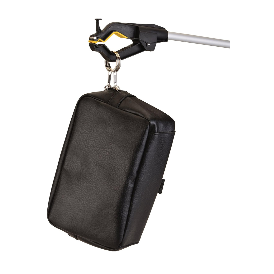 A Nova Medical Dragon Reachers - Pack of 2, with black 360° rotating grippers, holds a black leather pouch by its keyring against a white background.