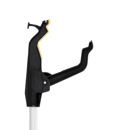 A close-up of the Nova Medical Dragon Reachers - Pack of 2, featuring a black and yellow ergonomic design with serrated jaws and a white handle, isolated on a white background.