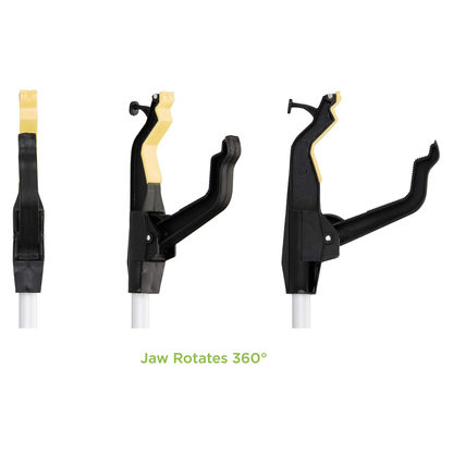 Three views of the Nova Medical Dragon Reachers - Pack of 2, black and yellow ergonomic grabber tools with rotating jaws, are shown from the side, front, and at an angle above text stating “Jaw Rotates 360°.”.
