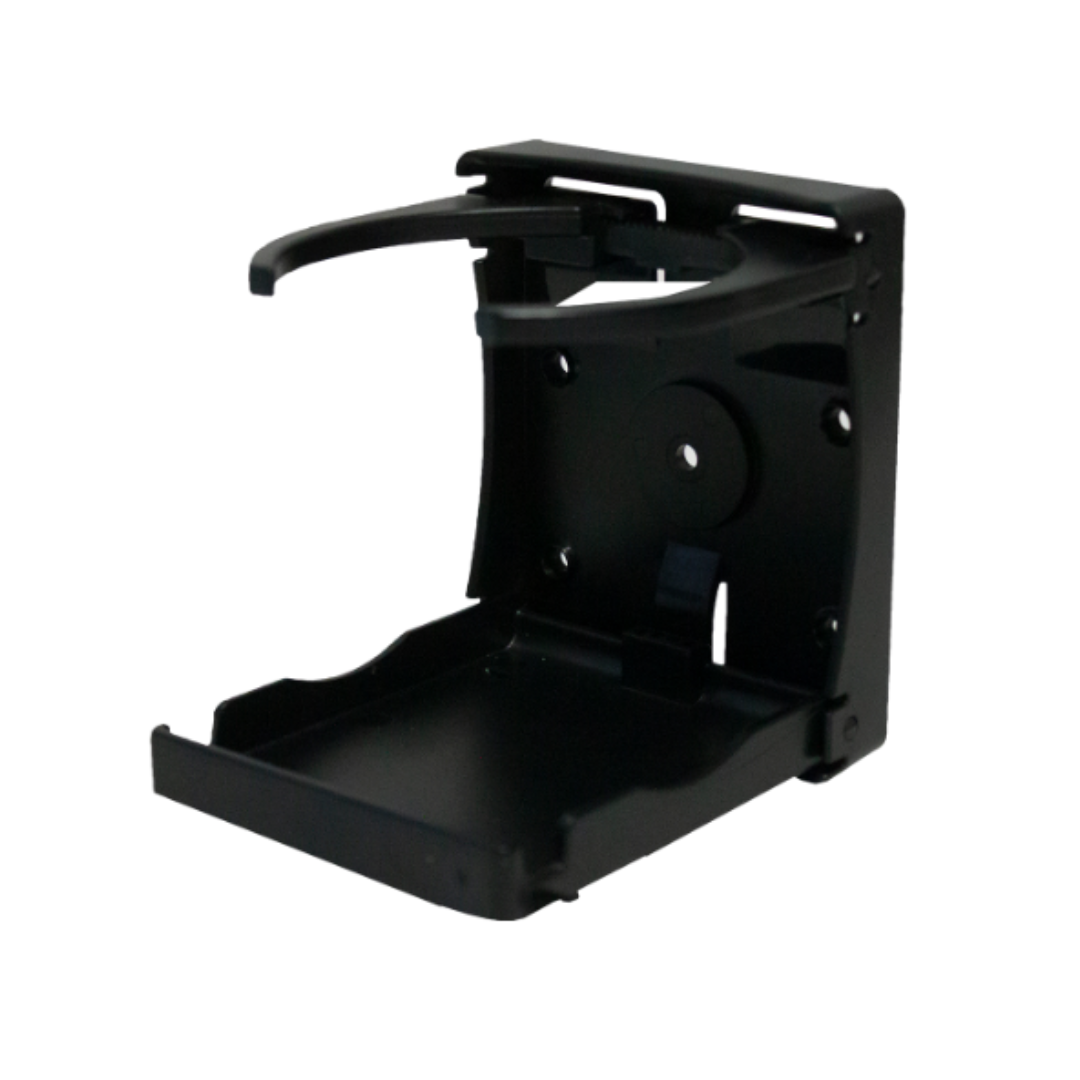 The Nova Folding Cup Holder for Dragon and Monarch Rollators is a black, foldable drink holder with a circular support ring and flat base, designed for easy surface mounting. Its minimalist style suits multiple spaces. Background: plain white.