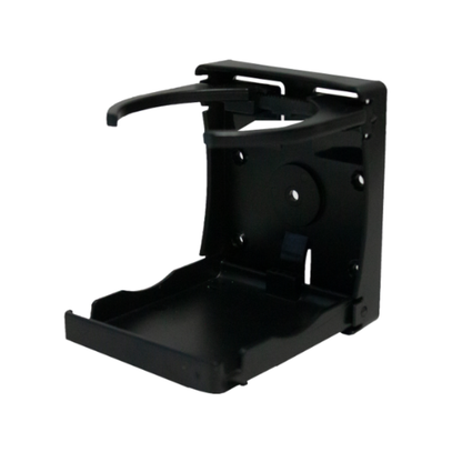 The Nova Folding Cup Holder for Dragon and Monarch Rollators is a black, foldable drink holder with a circular support ring and flat base, designed for easy surface mounting. Its minimalist style suits multiple spaces. Background: plain white.