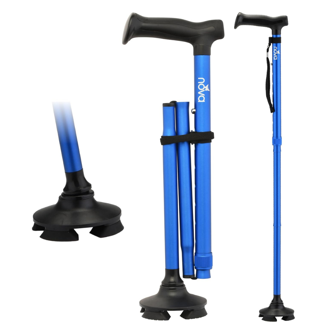 Three views of the Nova Medical Folding Cane with Standing Pivot Tip: one cane extended, another folded for storage, and a close-up showing the sturdy four-pronged base. Features a blue finish, ergonomic handle, and wrist strap for stability and comfort.