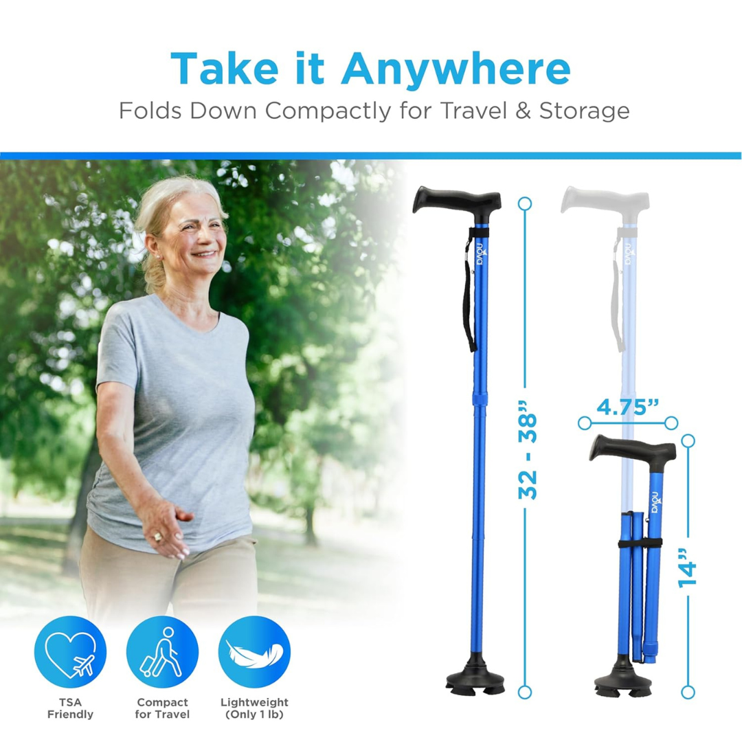 A smiling older woman walks outdoors with the Nova Medical Folding Cane with Standing Pivot Tip, featuring an ergonomic handle. Two images show its height (32–38), folded size (14), base width (4.75), plus portability and lightweight icons.