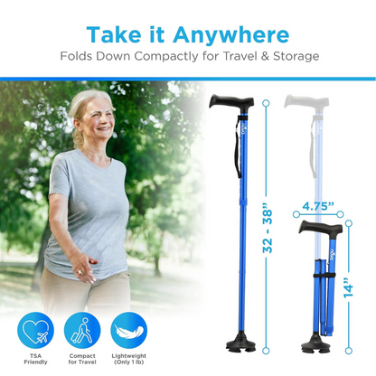 A smiling older woman walks outdoors with the Nova Medical Folding Cane with Standing Pivot Tip, featuring an ergonomic handle. Two images show its height (32–38), folded size (14), base width (4.75), plus portability and lightweight icons.