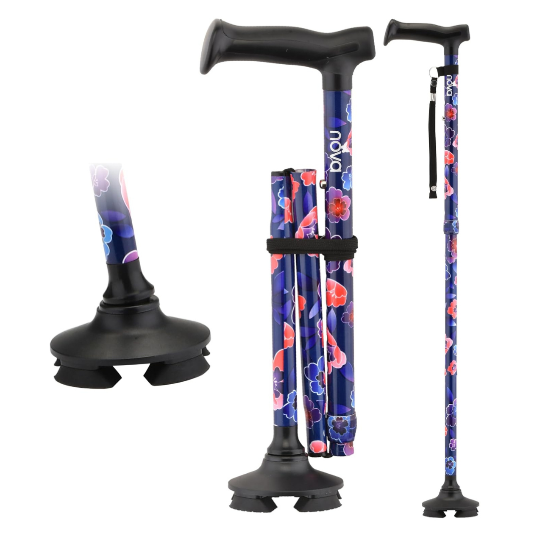 The Nova Medical Folding Cane with Standing Pivot Tip features a blue floral design, ergonomic black handle, adjustable height, and a wide four-pronged rubber base for extra stability. Images show it fully extended, folded, and the sturdy pivot tip up close.