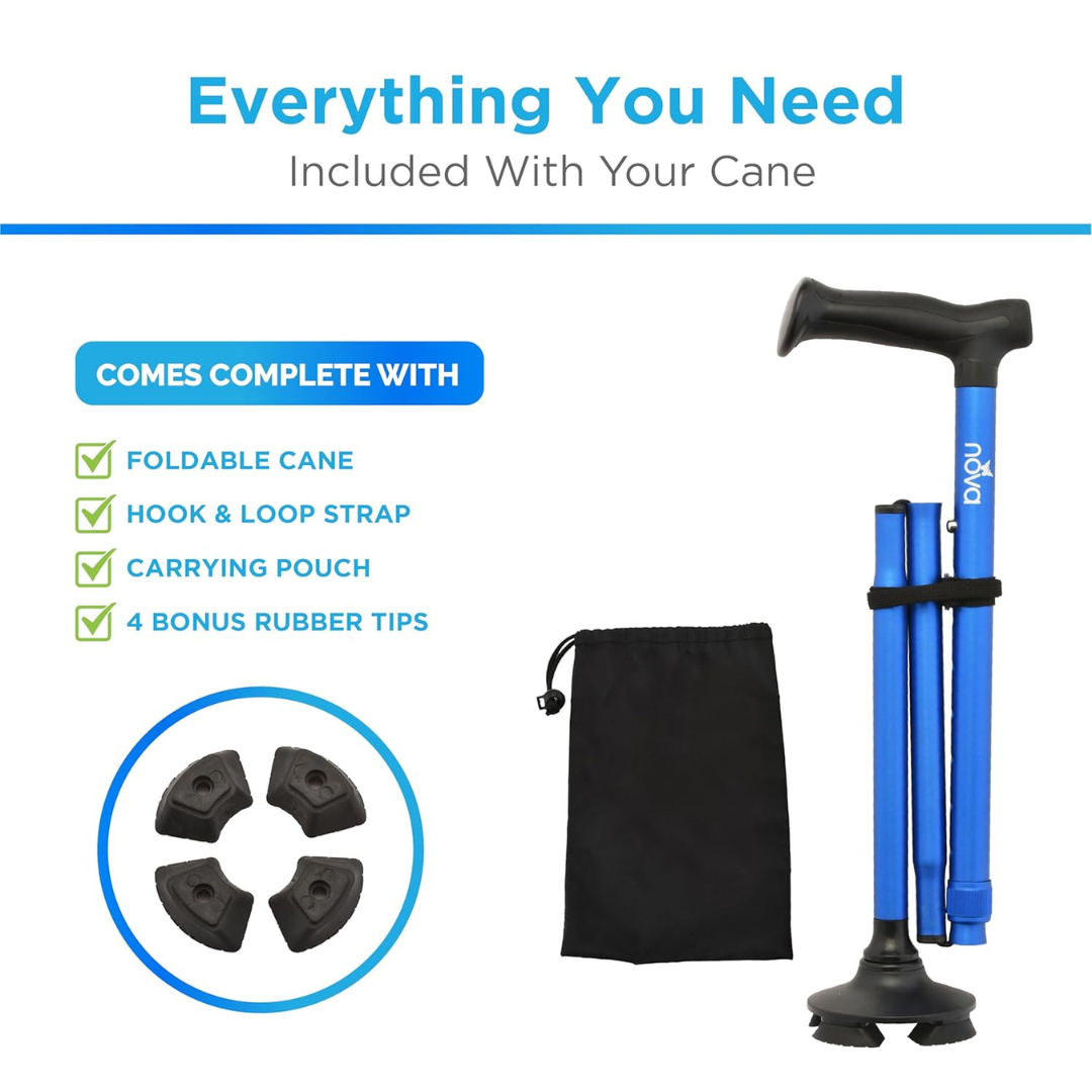 The Nova Medical Folding Cane with Standing Pivot Tip is shown in blue with an ergonomic handle, black pouch, hook & loop strap, and four extra rubber tips. Text lists folding cane, strap, carrying pouch, and four bonus rubber tips.