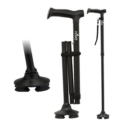 The Nova Medical Folding Cane with Standing Pivot Tip features an ergonomic handle and a wide quad base for stability. Shown in three views: close-up of the pivot tip, side view folded, and side view extended. The NOVA brand is visible.