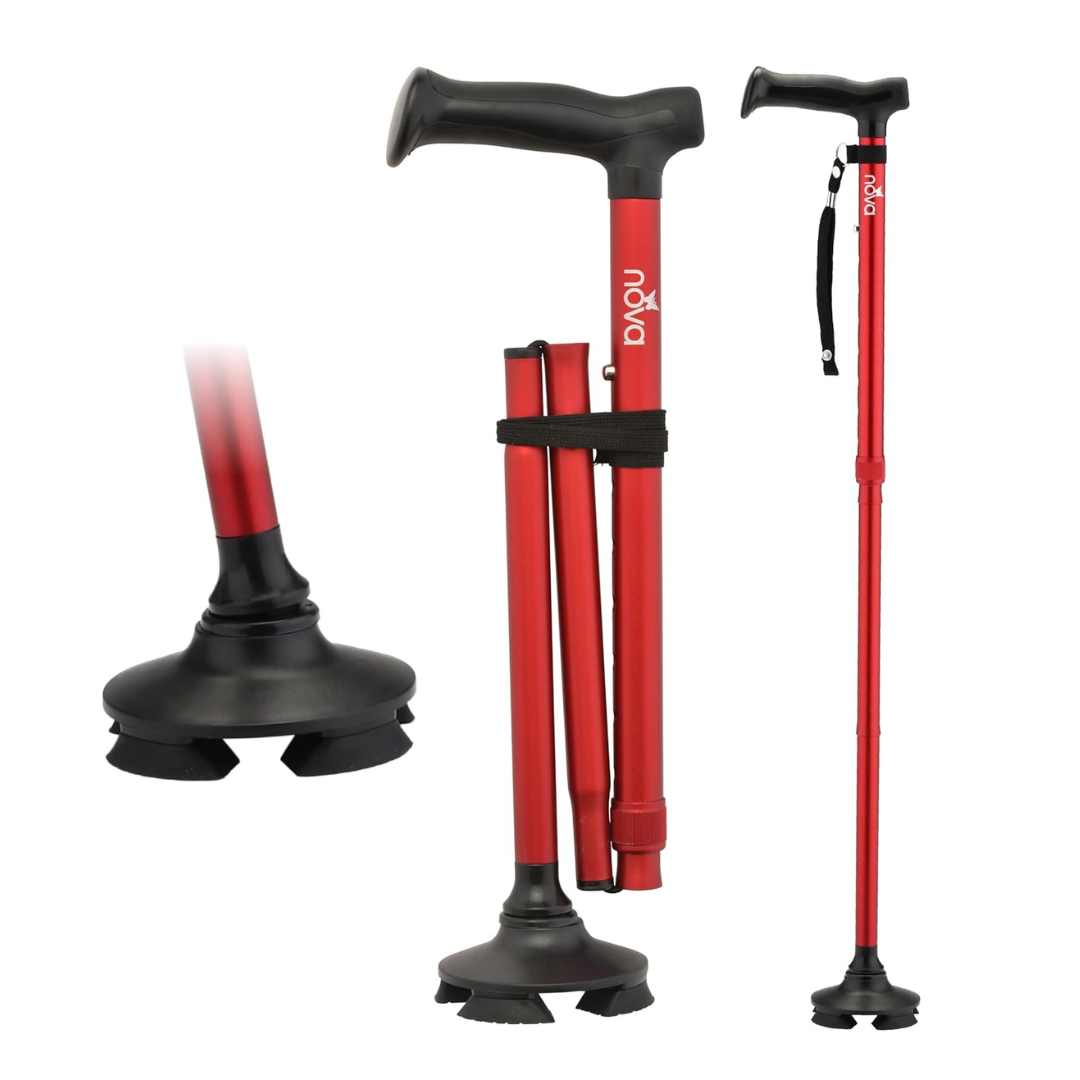 Nova Medical Folding Cane with Standing Pivot Tip features an ergonomic handle, wrist strap, and sturdy four-point pivot base for stability. Shown fully extended, folded, and with a close-up of its secure base.
