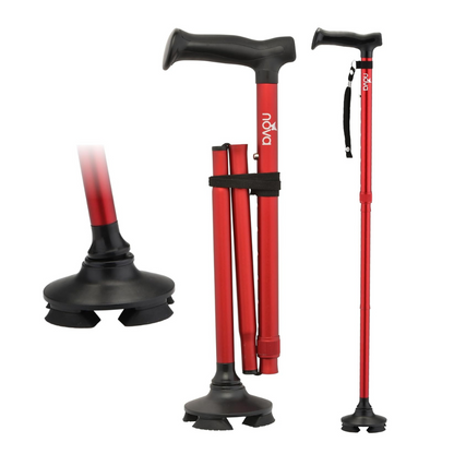 Nova Medical Folding Cane with Standing Pivot Tip features an ergonomic handle, wrist strap, and sturdy four-point pivot base for stability. Shown fully extended, folded, and with a close-up of its secure base.