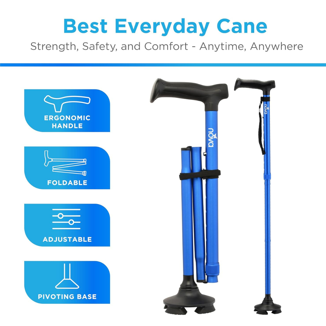 The Nova Medical Folding Cane with Standing Pivot Tip features an ergonomic handle, adjustable height, foldable design, and pivot base for enhanced stability—offering strength, safety, and comfort in a compact walking aid.