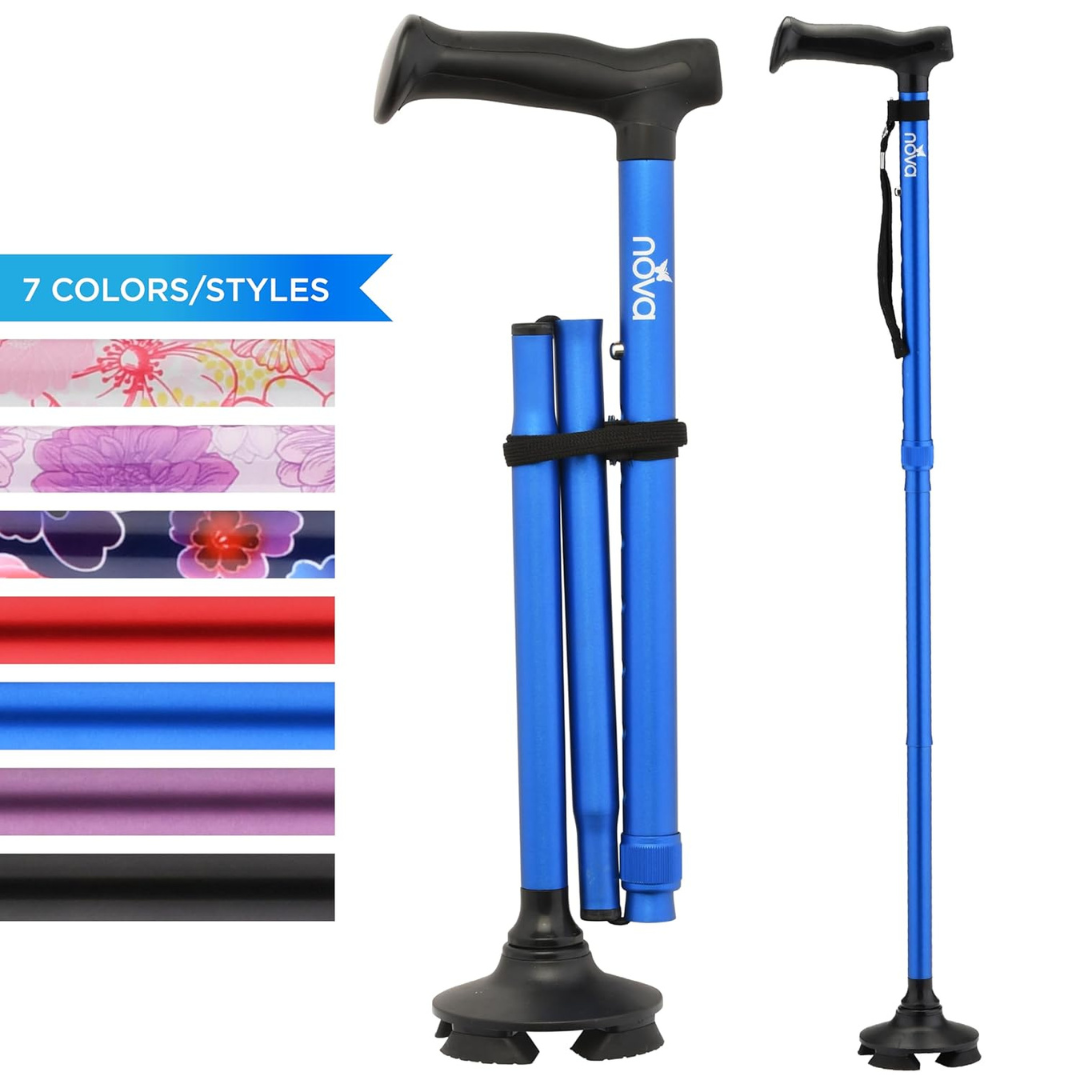 The Nova Medical Folding Cane with Standing Pivot Tip features an ergonomic handle and black base, shown both extended and folded. On the left, a swatch displays 7 color/style options, including floral and solid purple, pink, red, and black.