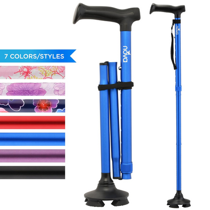 The Nova Medical Folding Cane with Standing Pivot Tip features an ergonomic handle and black base, shown both extended and folded. On the left, a swatch displays 7 color/style options, including floral and solid purple, pink, red, and black.