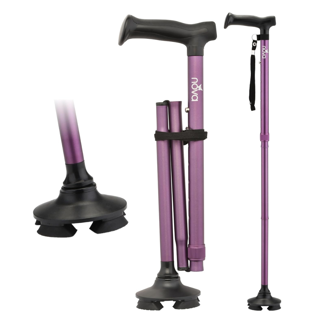 The Nova Medical Folding Cane with Standing Pivot Tip features a purple design, black ergonomic handle, wrist strap, and a four-point pivot rubber base for stability. Images show the cane folded and a close-up of its durable rubber base.