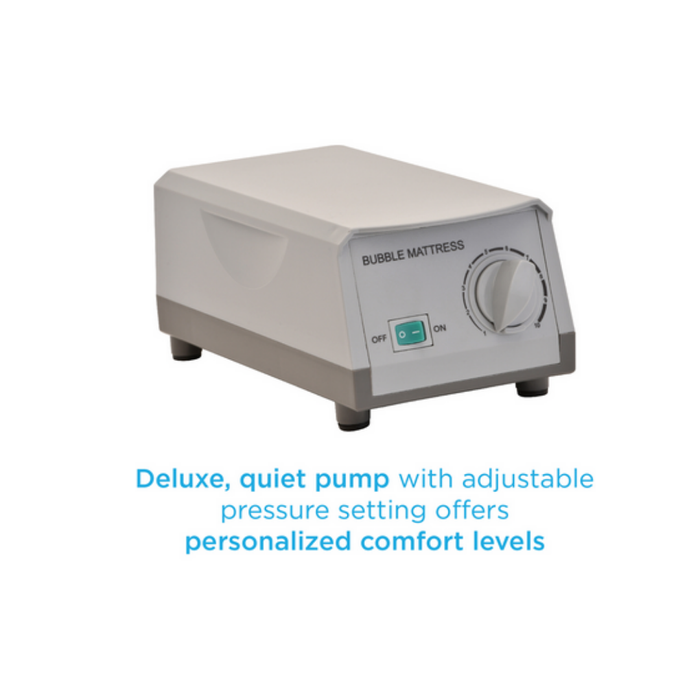 The Nova Medical Deluxe Alternating Pressure System features a white bubble mattress pump with an on/off switch and adjustable pressure dial, ensuring quiet operation and customizable comfort for effective pressure sore prevention.