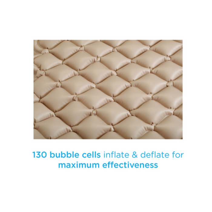 Close-up of the Nova Medical Deluxe Alternating Pressure System, featuring 130 beige bubble cells that inflate and deflate to maximize effectiveness and help prevent pressure sores.