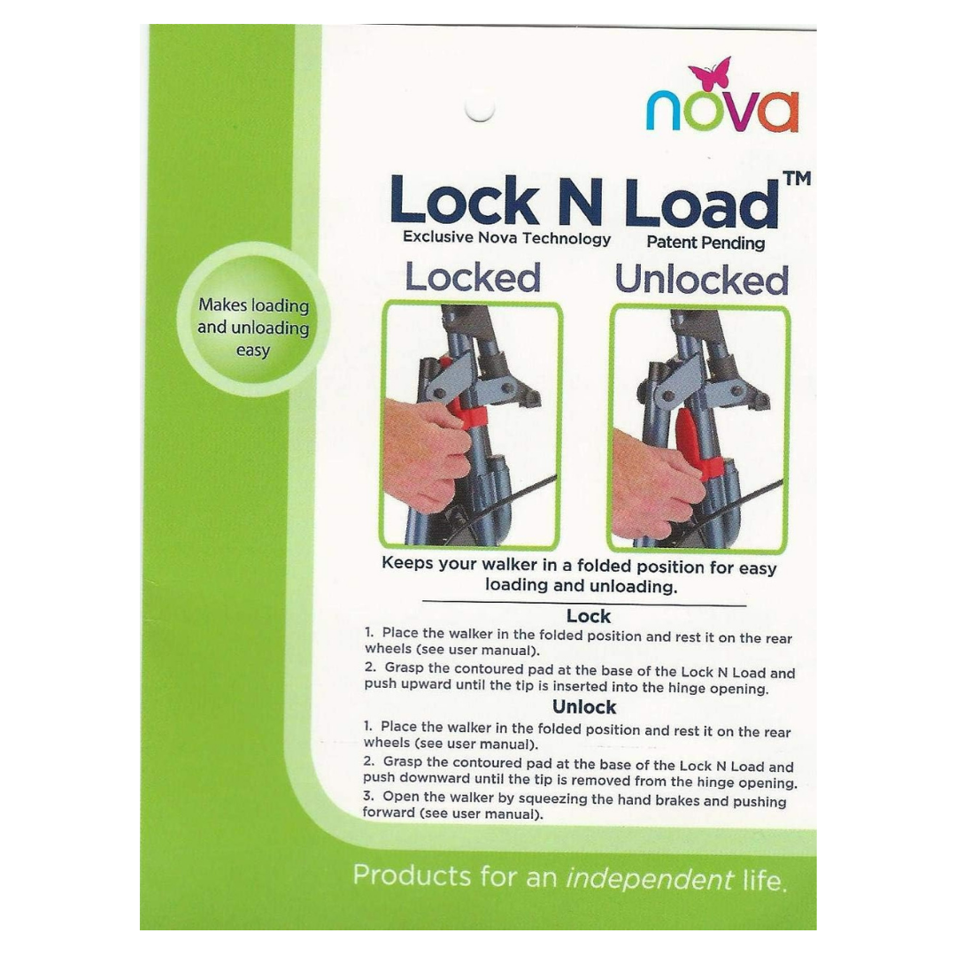 Instructional guide for the Nova Medical Lock-N-Load For Rollators, showing two images of hands locking and unlocking a rollator. Text explains how NOVA accessories add style and make transport easy. Green circle: Makes loading and unloading easy.