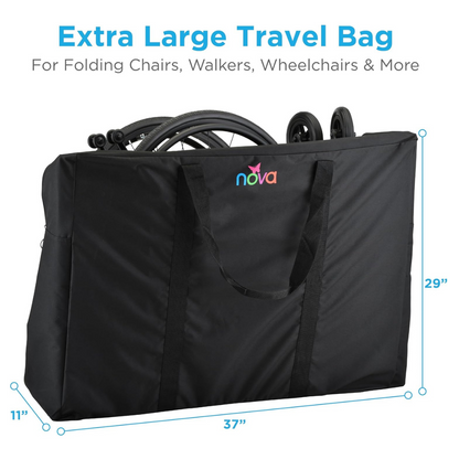 The NOVA XL Storage Travel Bag for Mobility Aids holds a folded wheelchair. Text above reads Extra Large Travel Bag for Folding Chairs, Walkers, Wheelchairs & More. Dimensions: 37x29x11 inches.