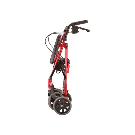 A red Nova Medical Zoom Rollator (patented Lock n’ Load) is shown folded and upright, with black handles, wheels, and seat with feather-touch brakes, all displayed against a plain white background.