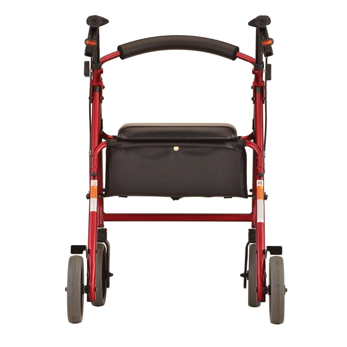 A front view of a red Nova Medical Zoom Rollator with four wheels, feather-touch hand brakes, black handles, padded backrest, and a black storage pouch beneath the seat; available in 4 size options.