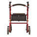 A front view of a red Nova Medical Zoom Rollator with four wheels, feather-touch hand brakes, black handles, padded backrest, and a black storage pouch beneath the seat; available in 4 size options.