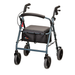 The Nova Medical Zoom Rollator offers 4 size options, hand brakes, adjustable seat height, a padded seat, curved handlebars, large sturdy wheels, and a black front pouch with the nova logo—combining function and style.