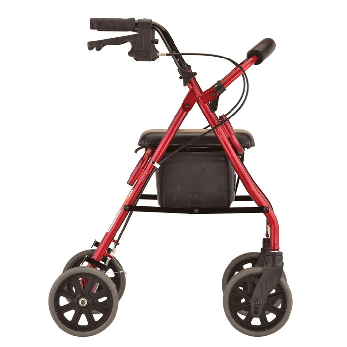 The Nova Medical Zoom Rollator (shown in red, with four wheels, black handles, seat, and storage pouch) features feather-touch hand brakes and is displayed from the side against a white background.