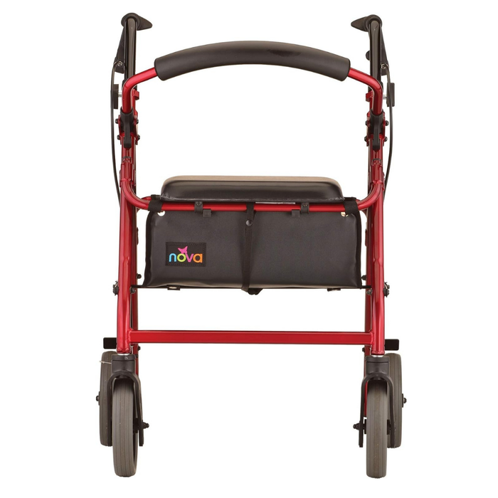 A front view of the Nova Medical Zoom Rollator with four wheels, feather-touch hand brakes, padded seat, and storage pouch under the seat; the NOVA logo is visible on the pouch.