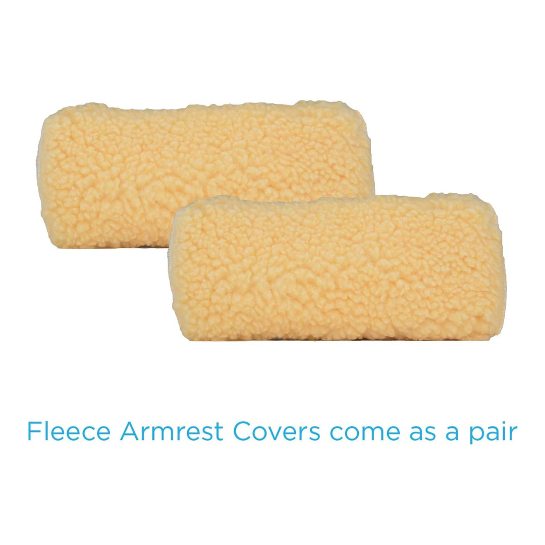 Two rolled, beige Nova Sheepskin Fleece Armrest Covers for Wheelchairs & Transport Chairs are displayed on a white background with blue text below that reads, "Fleece Armrest Covers come as a pair.