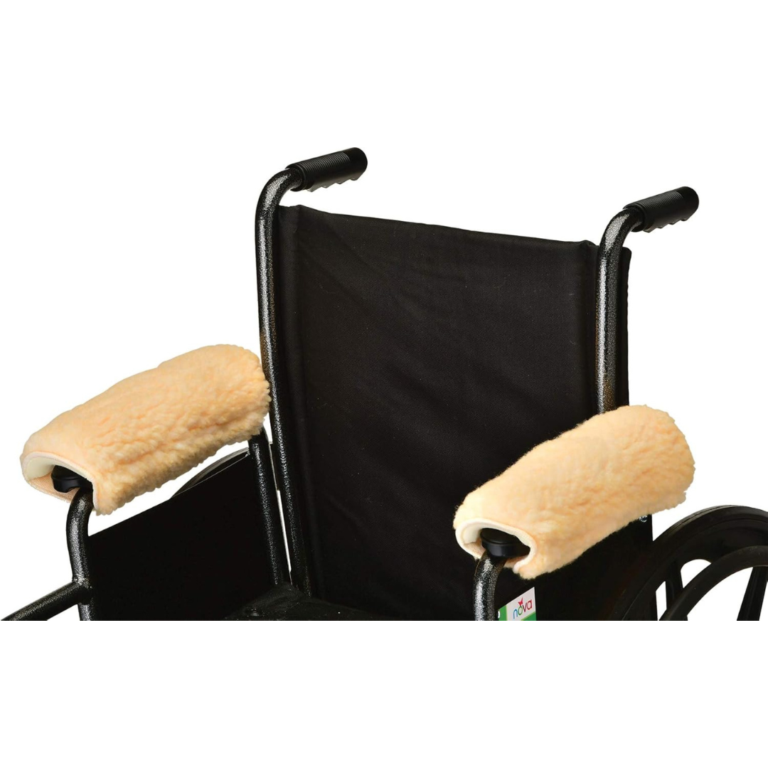The Nova Sheepskin Fleece Armrest Covers add extra comfort and cushioning to wheelchair or transport chair armrests, with plush fleece covers that easily attach to both armrests.