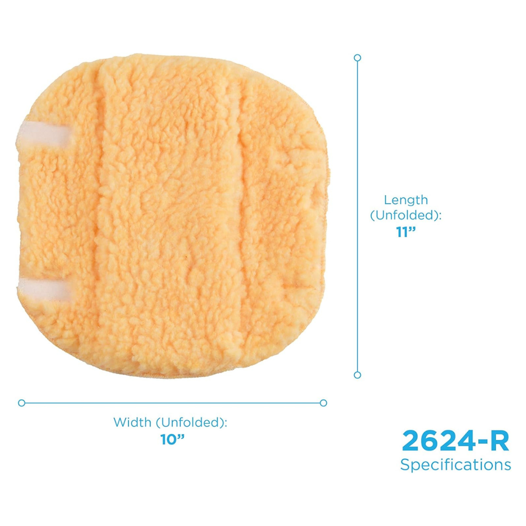 The Nova Sheepskin Fleece Armrest Covers for Wheelchairs & Transport Chairs are square, fluffy yellow pads (11"x10" unfolded) with a soft texture, rounded corners, blue text on white background, and product code 2624-R.