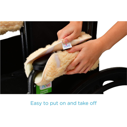 A pair of hands puts a Nova Sheepskin Fleece Armrest Cover for Wheelchairs on an armrest. The caption says, Easy to put on and take off.