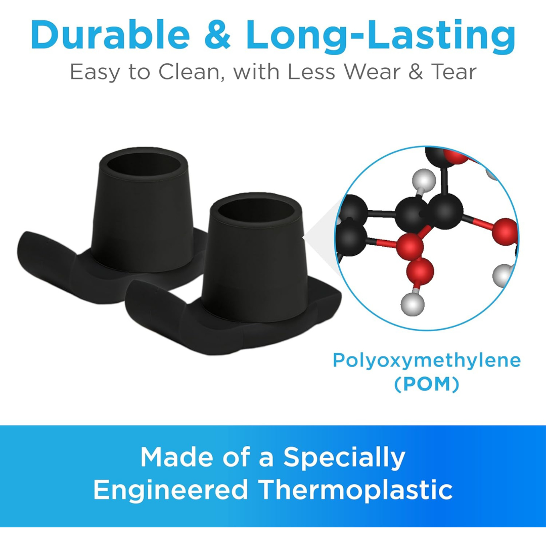 Two black Nova Universal Walker Glide Skis are shown beside a polyoxymethylene (POM) diagram, highlighting their durable and easy-to-clean thermoplastic construction designed for use as reliable walker accessories.