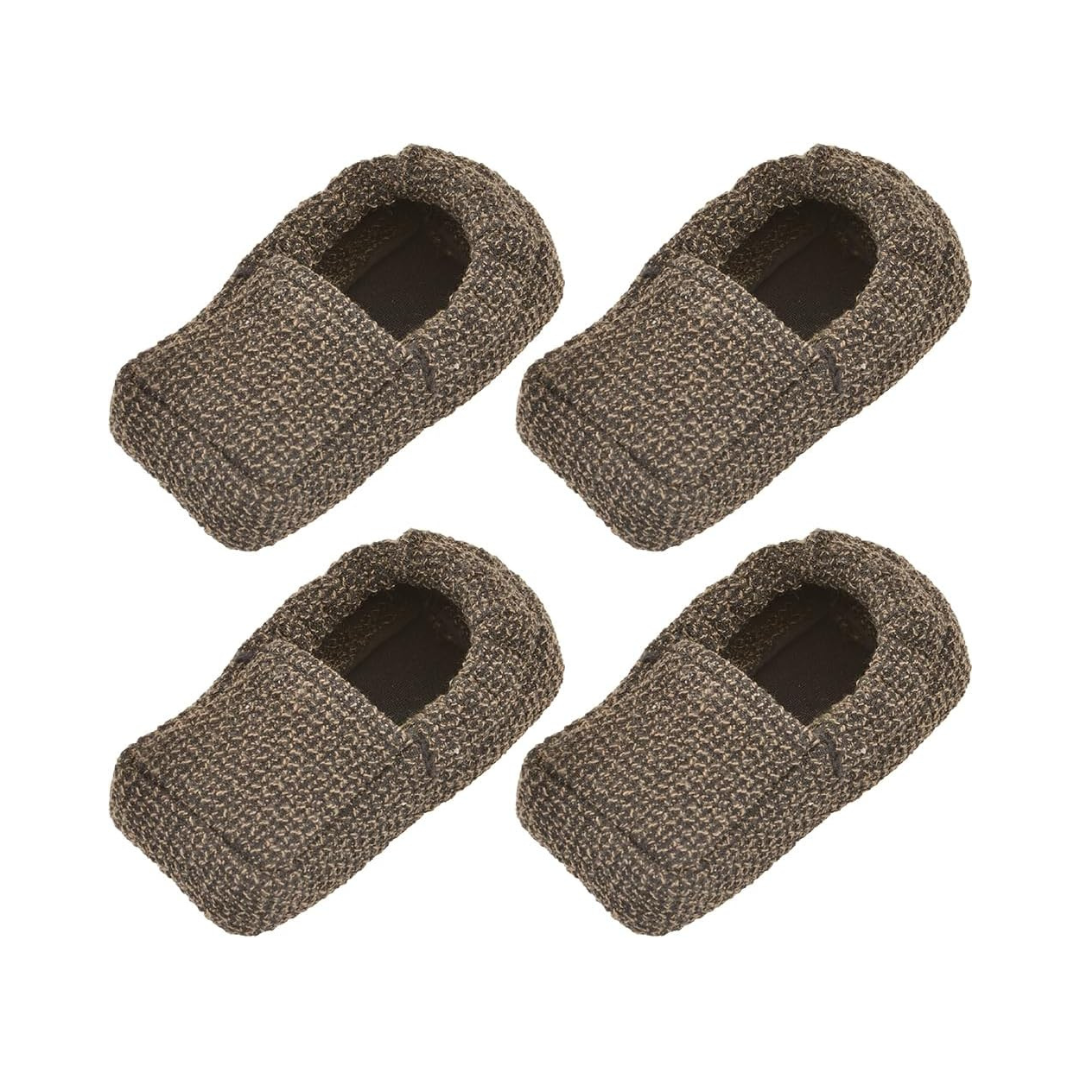 Four identical brown, knitted baby booties are arranged in a grid pattern on a white background, evoking the soft comfort provided by Nova Universal Walker Glide Skis.