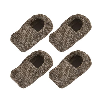 Four identical brown, knitted baby booties are arranged in a grid pattern on a white background, evoking the soft comfort provided by Nova Universal Walker Glide Skis.