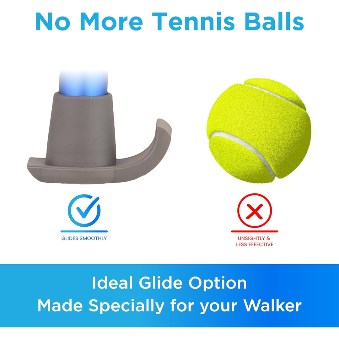 Comparison image shows a gray Nova Universal Walker Glide Skis tip labeled "Glides smoothly" next to a yellow tennis ball labeled "Unsightly & less effective." Text above reads: No More Tennis Balls. From NOVA Medical Products walker accessories.
