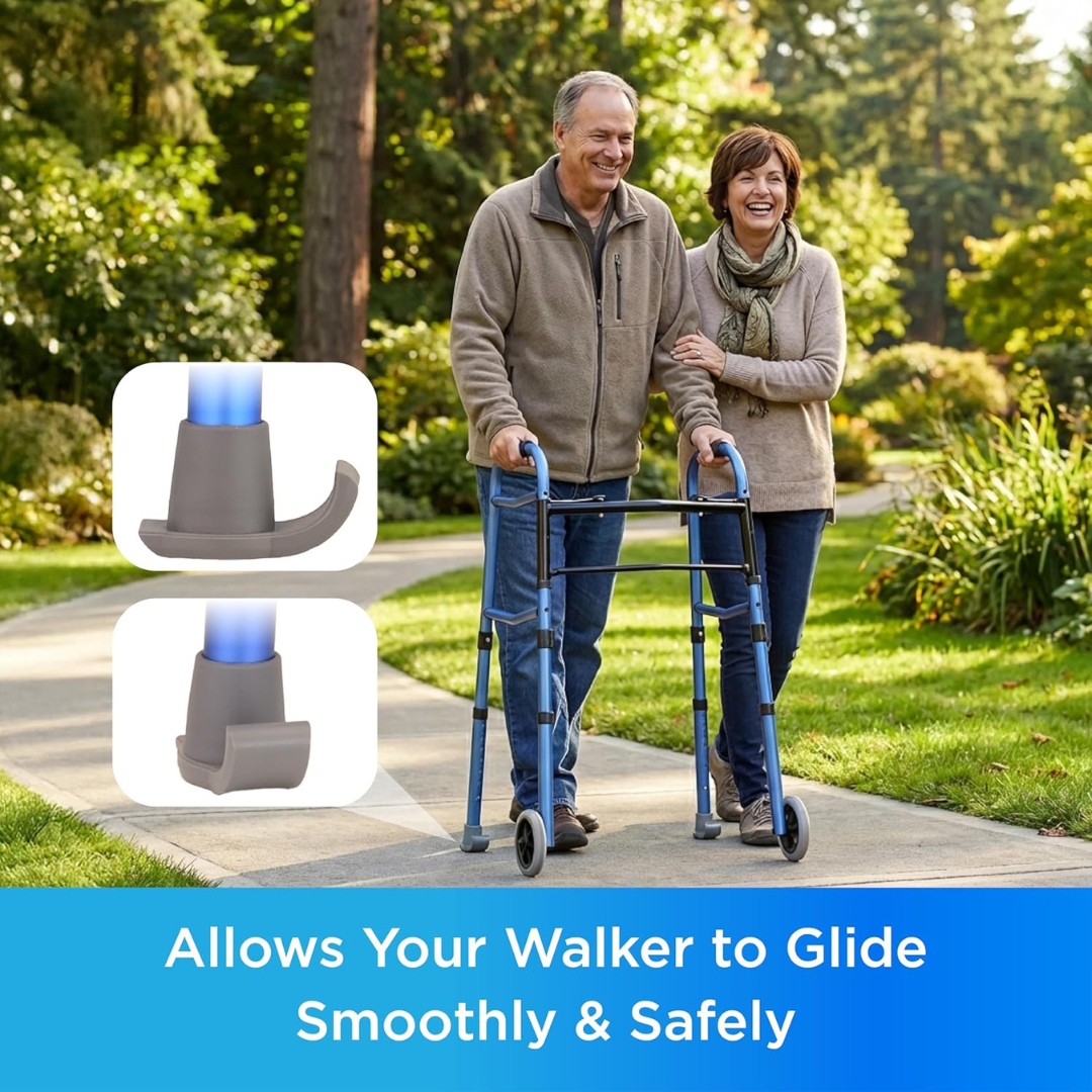 An older man using a walker with Nova Universal Walker Glide Skis walks on a park path beside a smiling woman. Text reads: Helps Your Walker Glide Smoothly & Safely. Inset images show close-ups of these useful accessories.