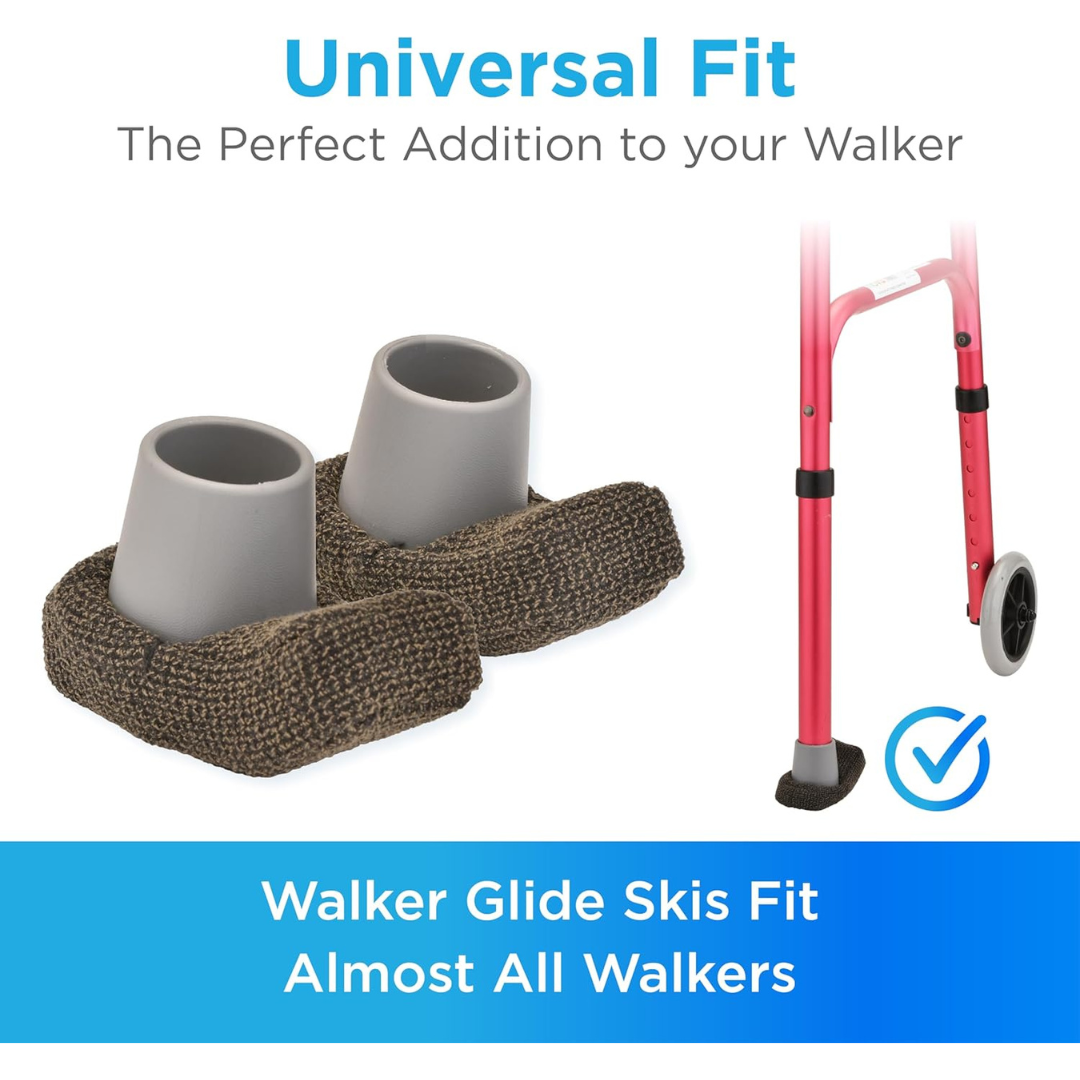 Image shows gray Nova Universal Walker Glide Skis with brown covers next to a red walker. Text reads: Universal Fit—The Perfect Walker Accessory. Fits almost all walkers. A blue check mark is shown.