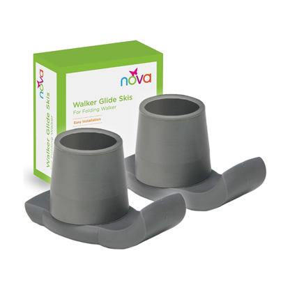 A pair of Nova Universal Walker Glide Skis in grey—ideal walker accessories, packaged in a box, from NOVA Medical Products.