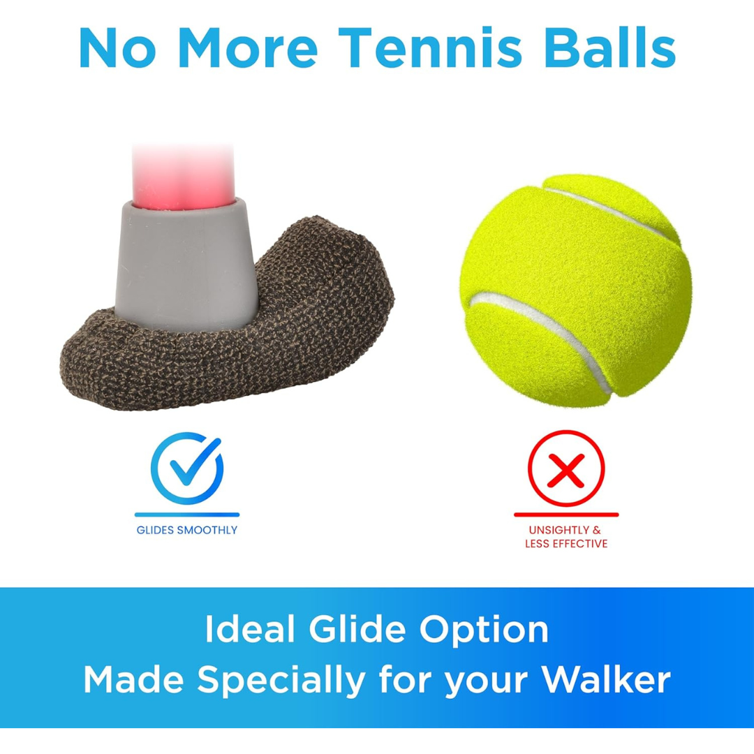 The Nova Universal Walker Glide Skis with smooth brown glides are shown next to a tennis ball. Text highlights: “No more tennis balls,” “Glides smoothly,” “Unsightly & less effective,” and “Your ideal walker accessory.”.