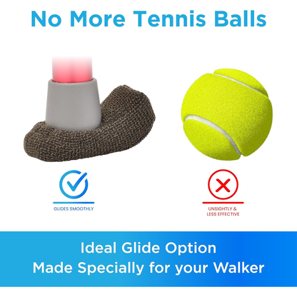 The Nova Universal Walker Glide Skis with smooth brown glides are shown next to a tennis ball. Text highlights: “No more tennis balls,” “Glides smoothly,” “Unsightly & less effective,” and “Your ideal walker accessory.”.