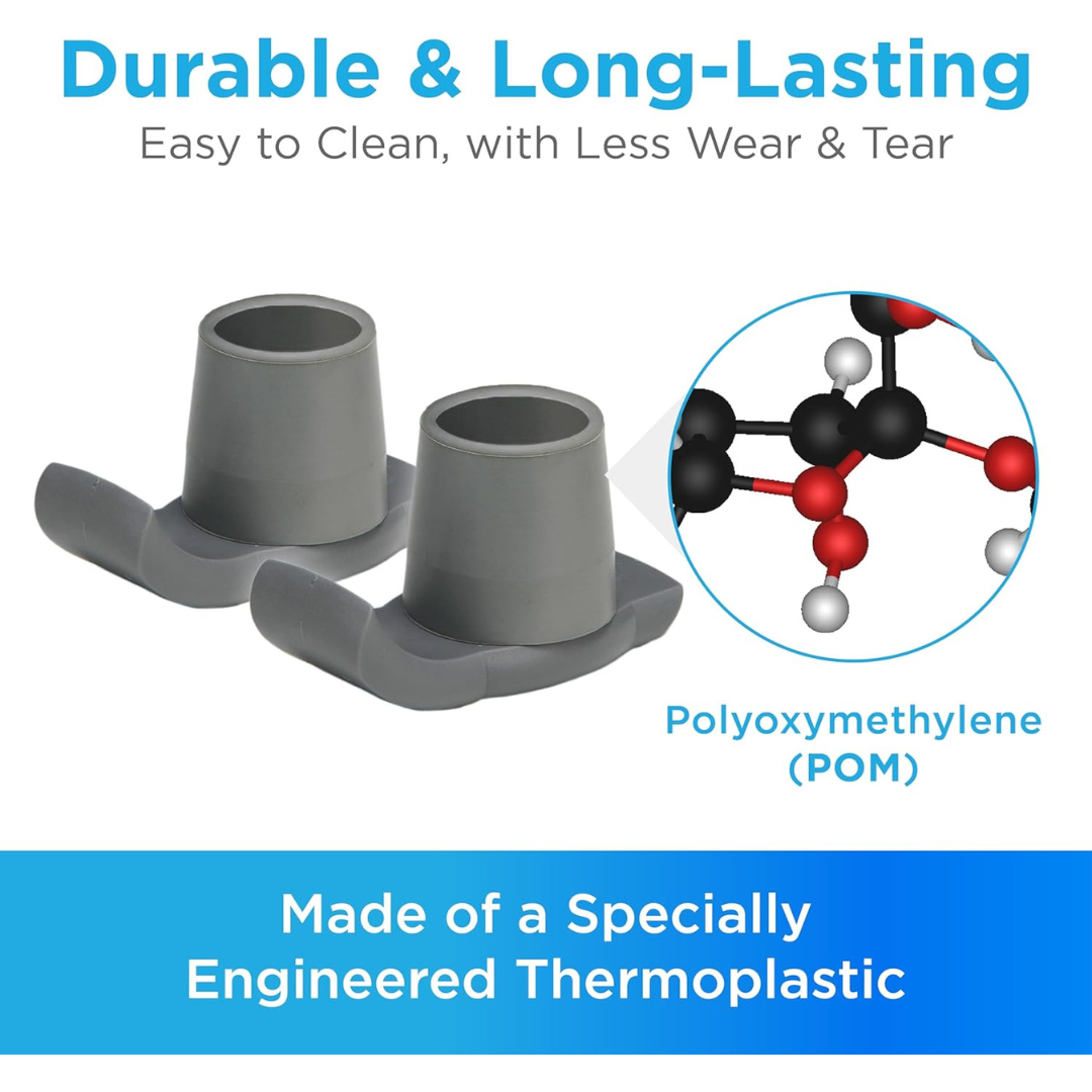 Two gray plastic pieces with wide bases and side extensions are shown. Text notes they’re Nova Universal Walker Glide Skis, made of durable POM thermoplastic, with a simple molecular diagram among walker accessories.