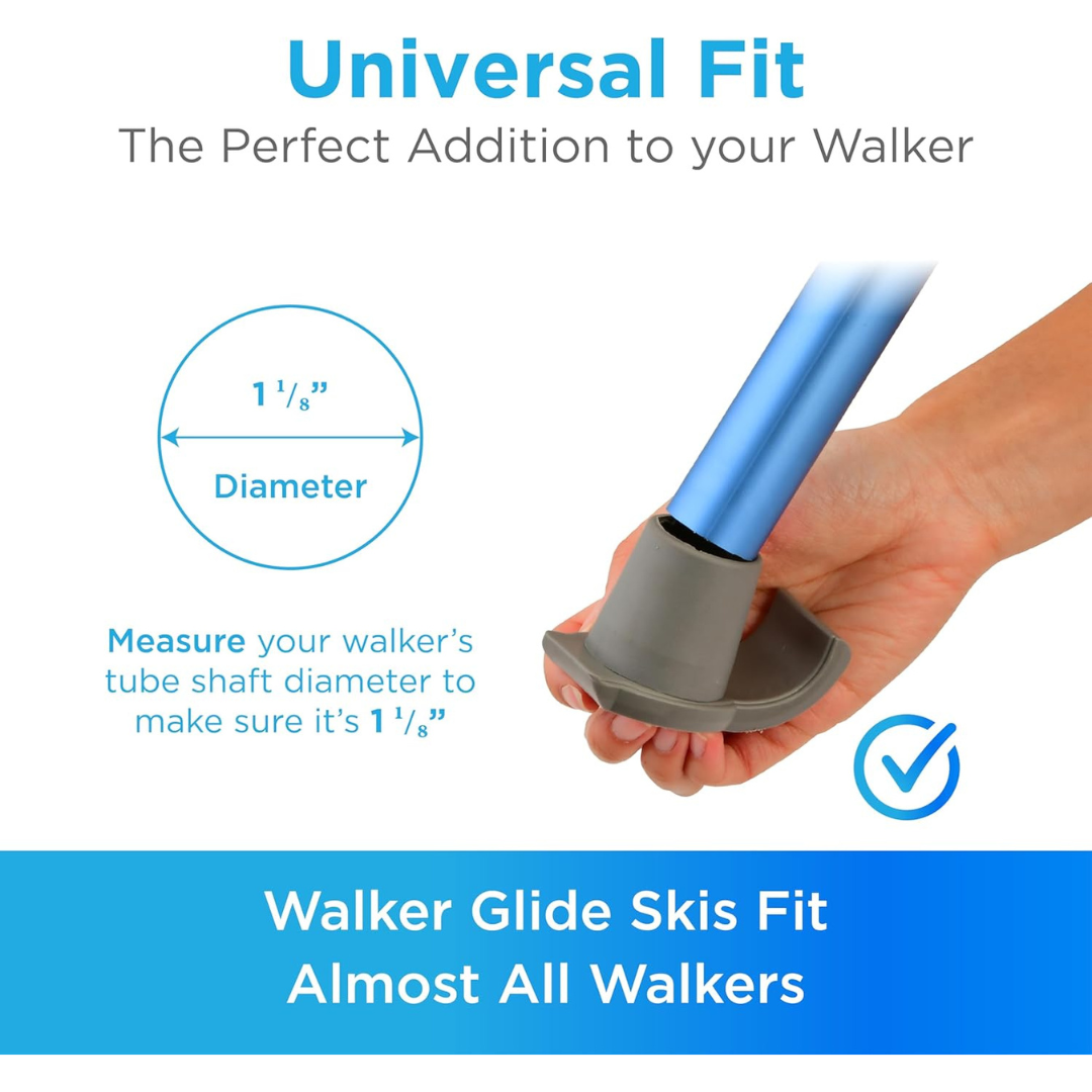 A hand attaches a gray Nova Universal Walker Glide Ski to a blue walker leg. Text notes their universal fit for 1 1/8" tubes, making them compatible with nearly all walkers. Blue banner: Walker Glide Skis Fit Almost All Walkers.