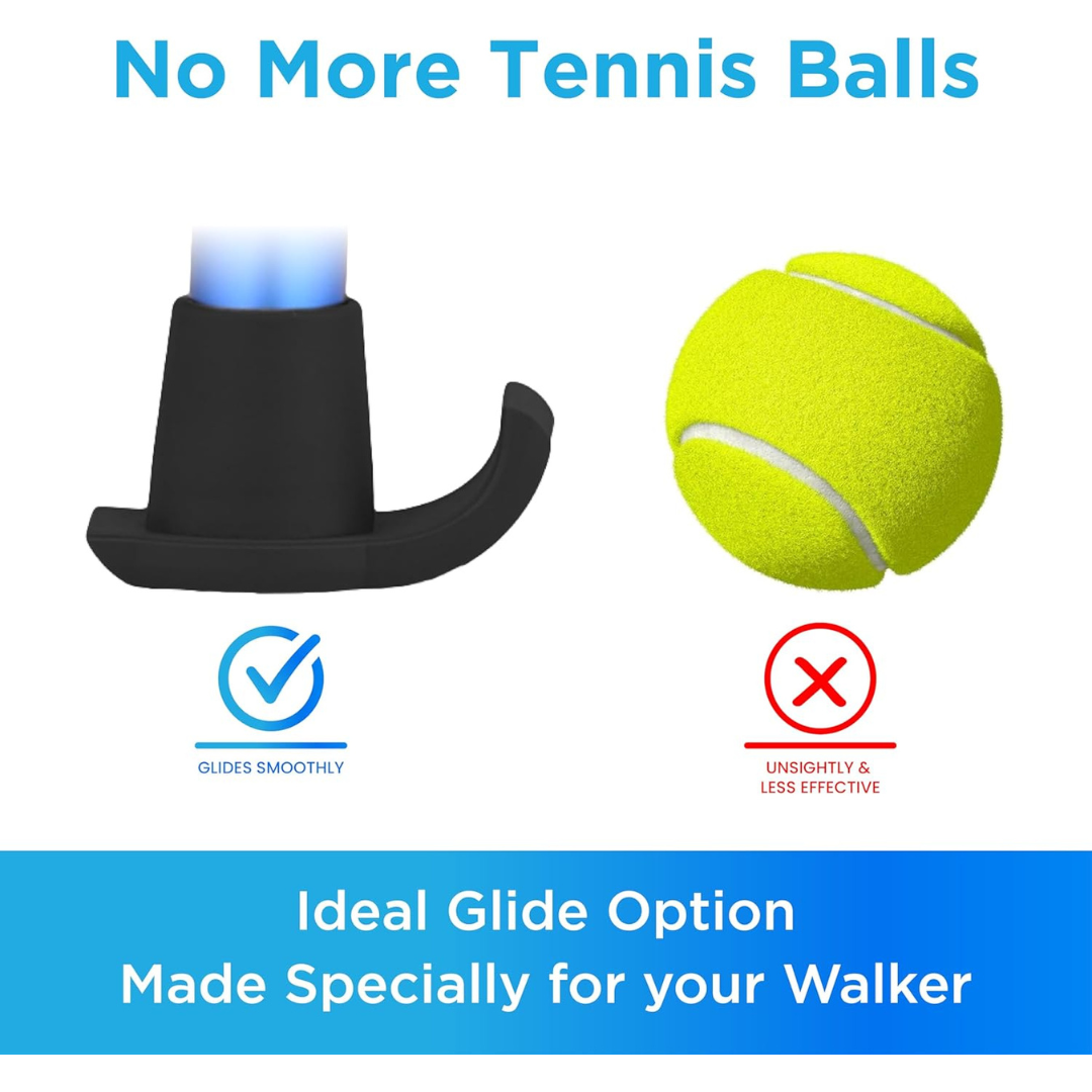 A graphic compares black Nova Universal Walker Glide Skis, labeled “glides smoothly,” to a yellow tennis ball, labeled “unsightly & less effective.” Text reads: “No More Tennis Balls” and “Ideal Glide Option Made Specially for your Walker.”.