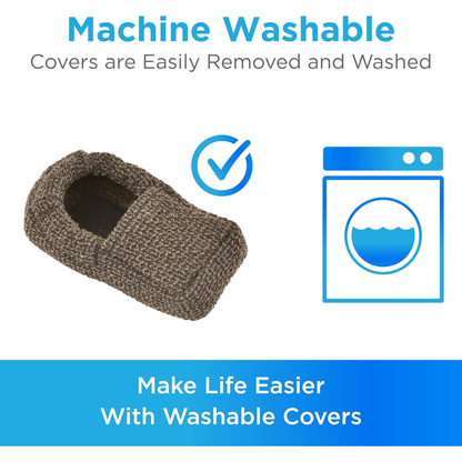 A brown textured pet bed next to a blue checkmark and washing machine icon. Text reads: Machine Washable. Covers remove easily for washing, just like Nova Universal Walker Glide Skis—life’s simpler with washable covers.