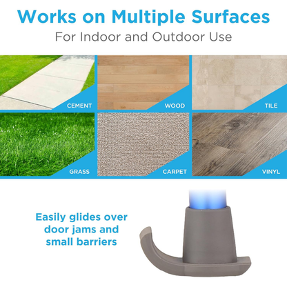 A graphic highlights that Nova Universal Walker Glide Skis glide smoothly over cement, wood, tile, grass, carpet, and vinyl—easily crossing door jams or small obstacles—making them ideal walker accessories for both indoor and outdoor use.