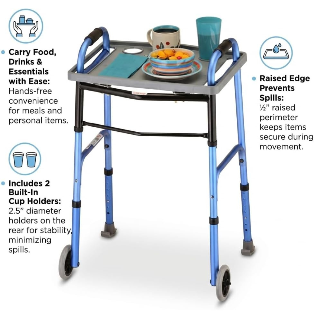 A blue walker features the Nova Walker Food Tray with 2 Cup Holders in gray, carrying a cereal bowl, blue mug, and utensils. The tray's raised edges safely hold food and drinks, with features highlighted in text bubbles.