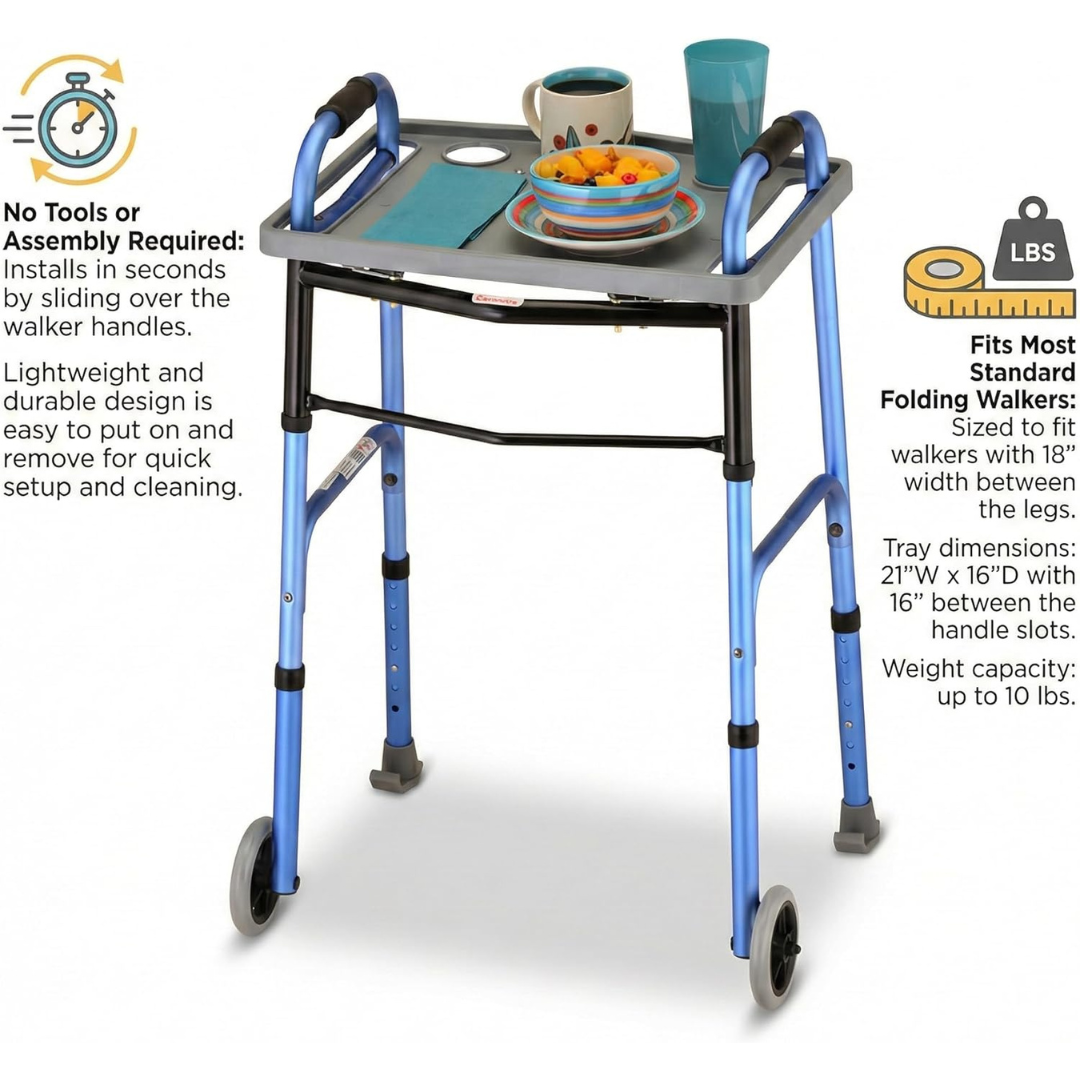 The Nova Walker Food Tray with 2 Cup Holders, shown on a blue folding walker, holds a plate, mug, and cup. It’s lightweight, durable, easy to set up, fits most standard walkers, and supports up to 10 lbs.