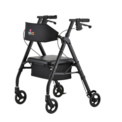 The Nova Medical Star 6 OS Rollator Walker is a lightweight and foldable black walker for users 51 - 62, featuring 6 wheels, a padded seat with logo-embossed backrest, Quick-Fit adjustable design, locking hand brakes, and beneath-seat storage.